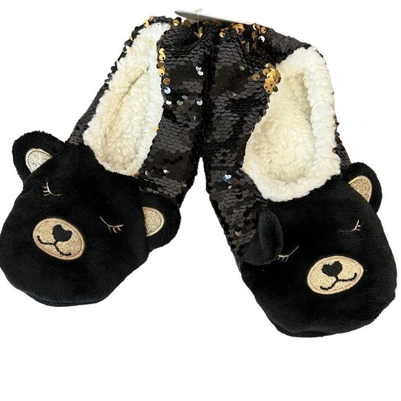 Bear Slippers Shoes - SLIPPER Socks with Grips Bear Sequin Faux Fur NEW WITH TAGS  M/L 8-10